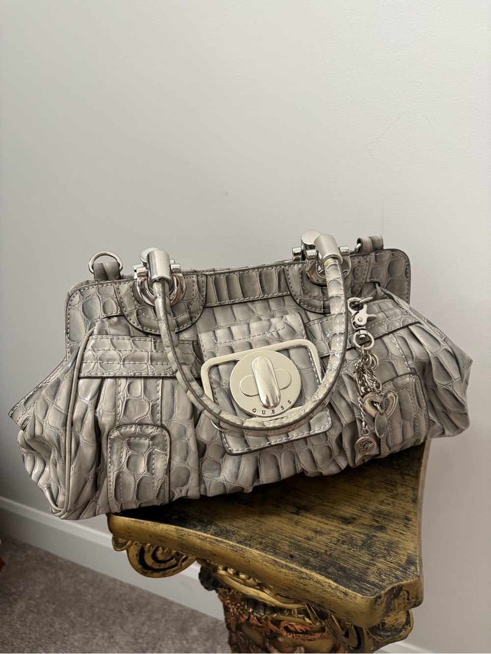 Y2K Guess Silver Croc-Embossed Satchel with Charm Hardware